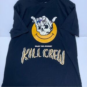 Kill Crew Black Tee with Yellow Smiley Skull Graphic